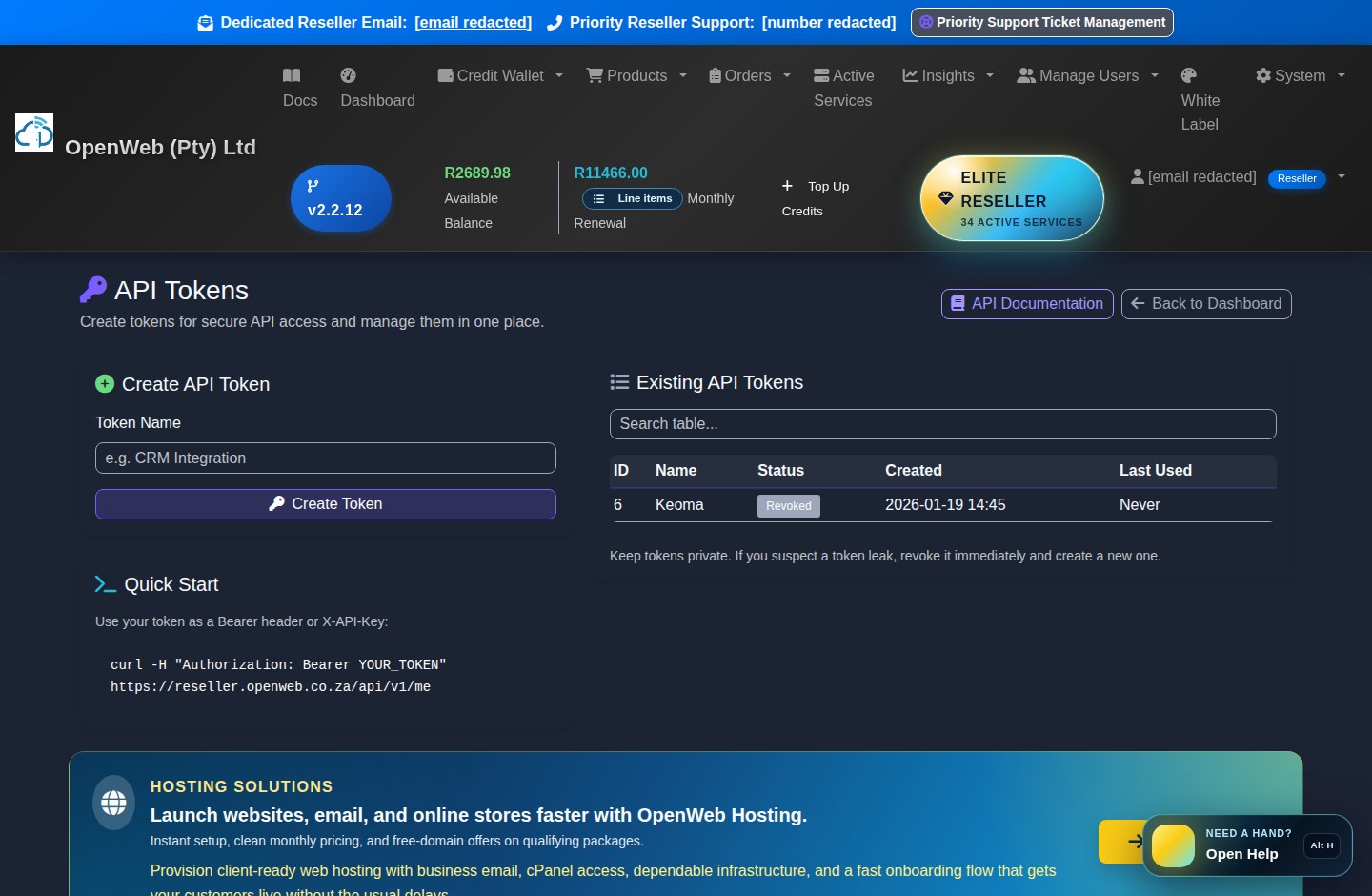 Current OpenWeb reseller panel screenshot: API tokens and API docs